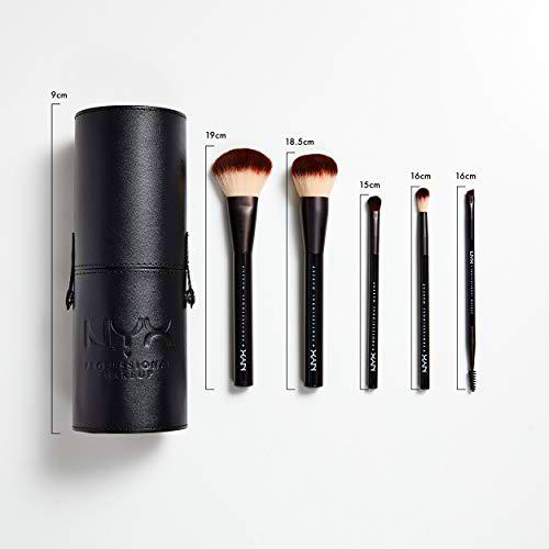 NYX Professional Makeup Brush Set Premium Sintético Polvo facial Mezcla de brochas de sombra de ojos Blush Kit de brochas de maquillaje con taza de cepillo (5 piezas, Negro)